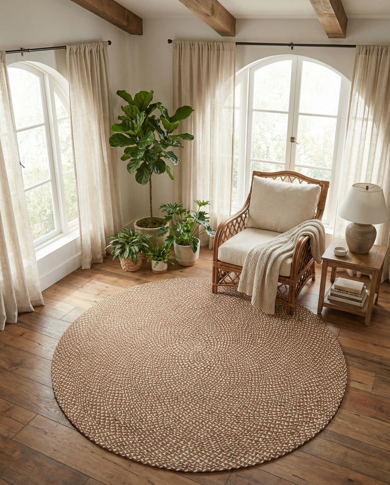 Highland Woven Jute Collection Area Rug - Glenmore (Light Brown) Round Light Brown  lifestyle 49