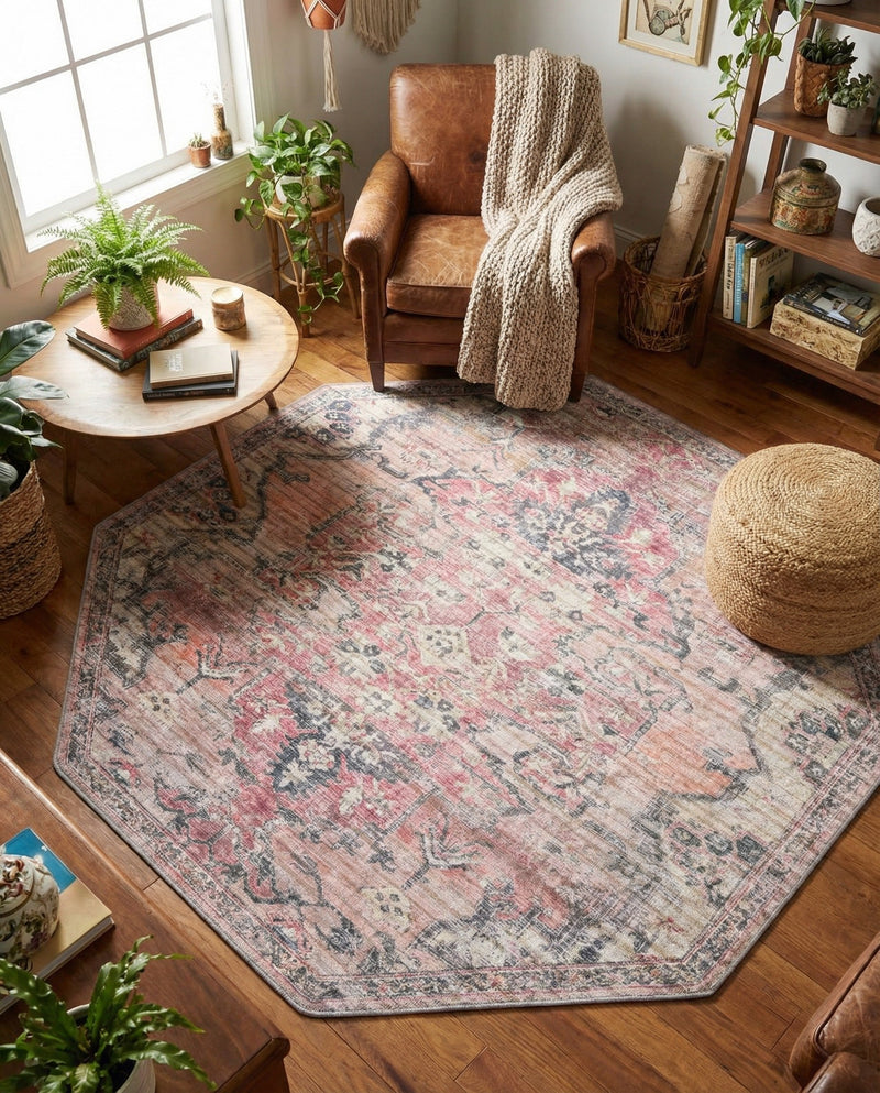 Vintage Memories Collection Area Rug - Echoes Octagon Beige pink  lifestyle 58