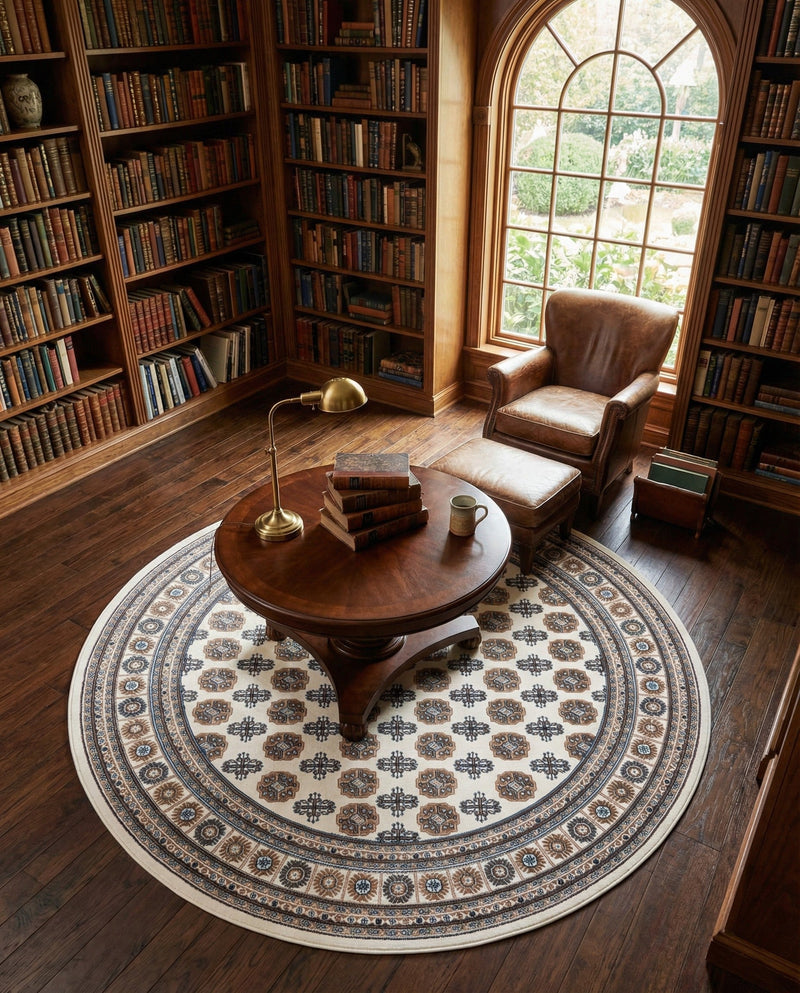 Samarkand Elegance Collection Area Rug -  Margilan (Ivory) Round Ivory  lifestyle 80