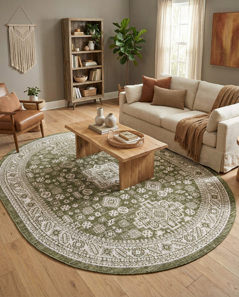 Tribal Terrace Treasures Collection Area Rug -  Incan Isle (Green) Oval Green  lifestyle 48