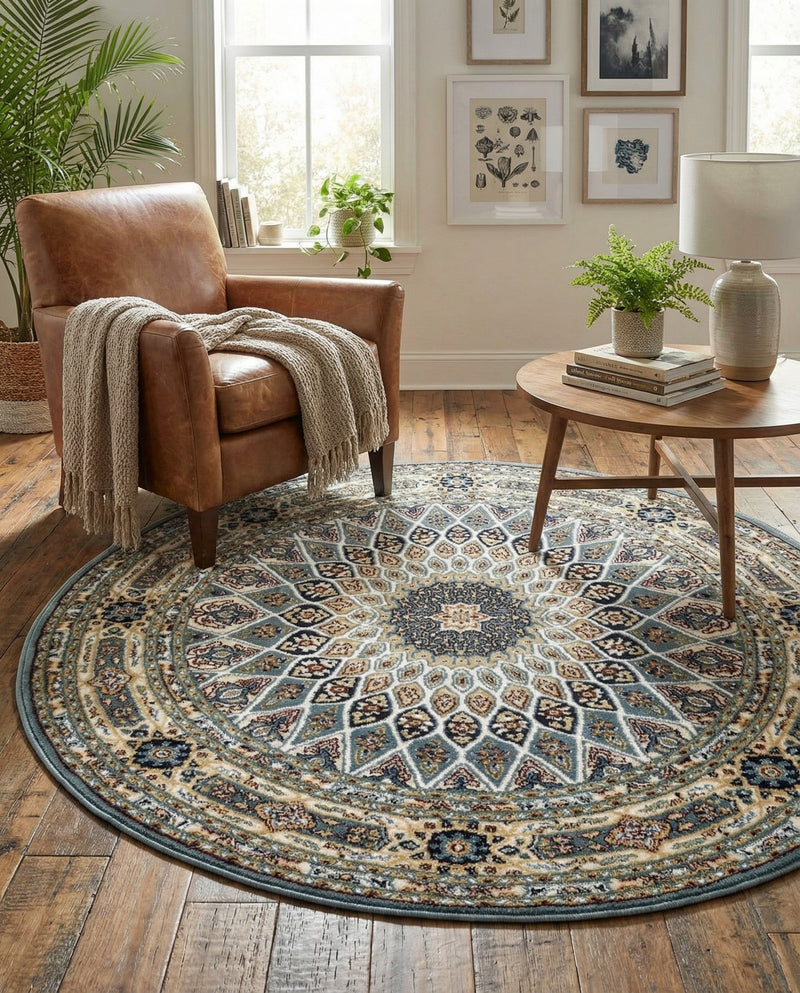 Persian Elegance Collection Area Rug -  Hamedan (Blue) Round Blue  lifestyle 62