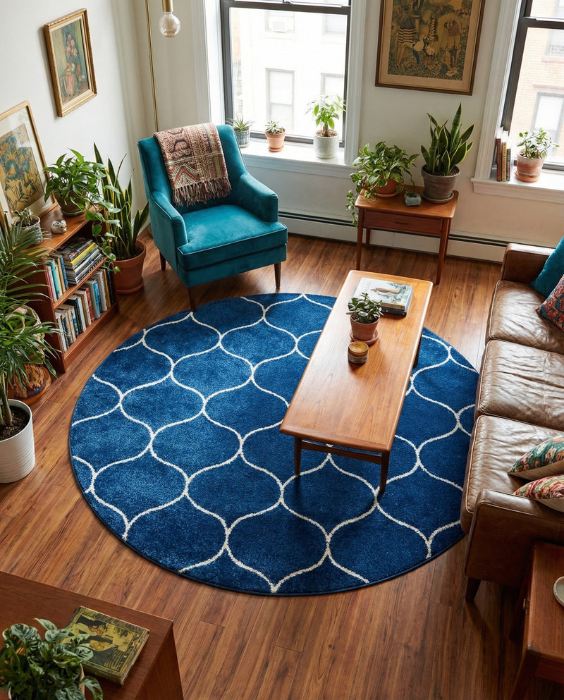 Trellis Mosaic Collection Area Rug -  Pergolatown (Navy Blue) Round Navy Blue  lifestyle 86