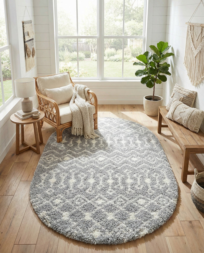 Berber Lattice Shag Collection Area Rug - Atlas (Gray) Oval Gray  lifestyle 50