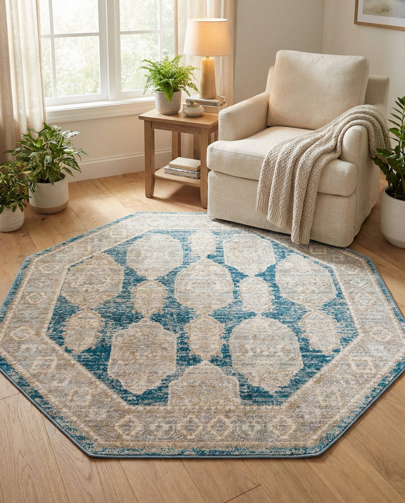 Seville Stripes Collection Area Rug -  Granada (Blue) Octagon Blue  lifestyle 58