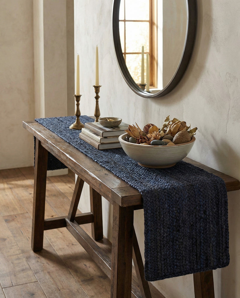 Woven Seaside Jute Collection Area Rug - Savannah (Navy Blue) Table Runner Navy Blue  lifestyle 63