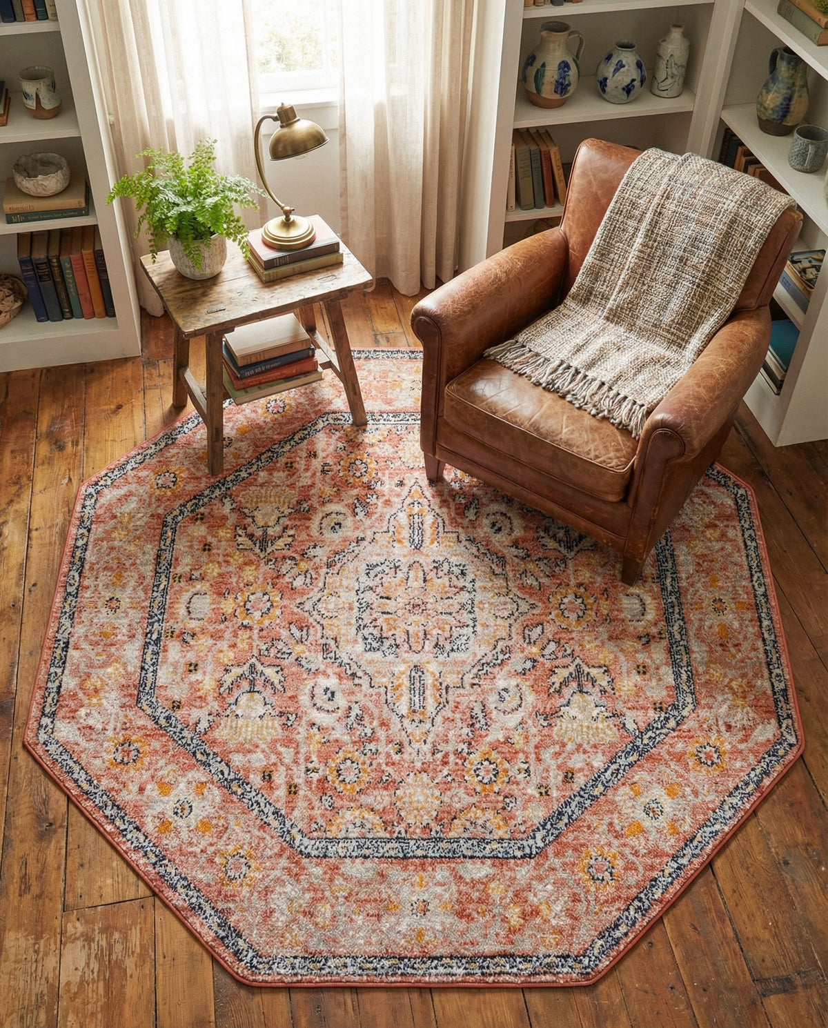 Seville Stripes Collection Area Rug - Cadiz (Brick Red) Octagon Brick Red  lifestyle 80