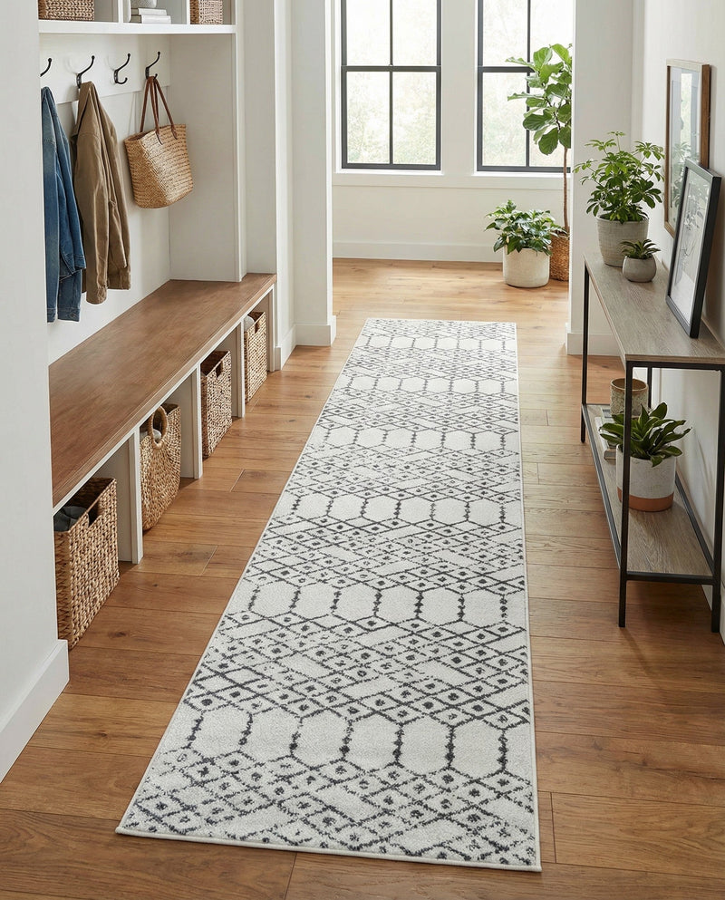 Marrakesh Lattice Collection Area Rug - Casablanca (Ivory Black) Runner Ivory Black  lifestyle 67