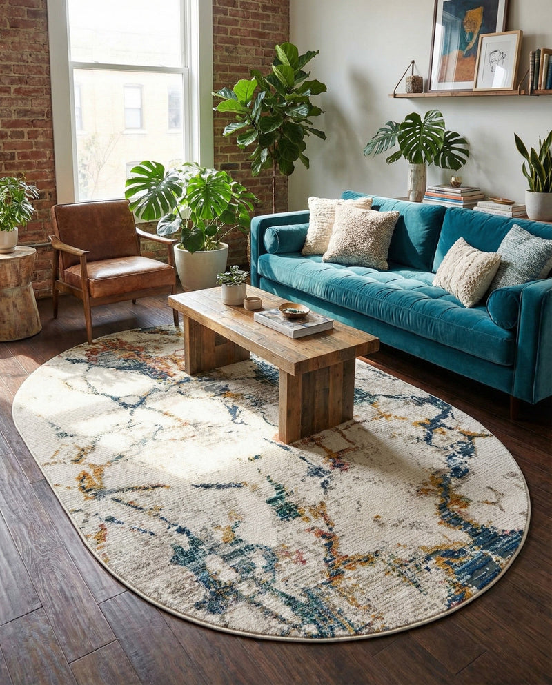 Jewel Oasis Collection Area Rug -  Opaline Oval White Navy  lifestyle 66