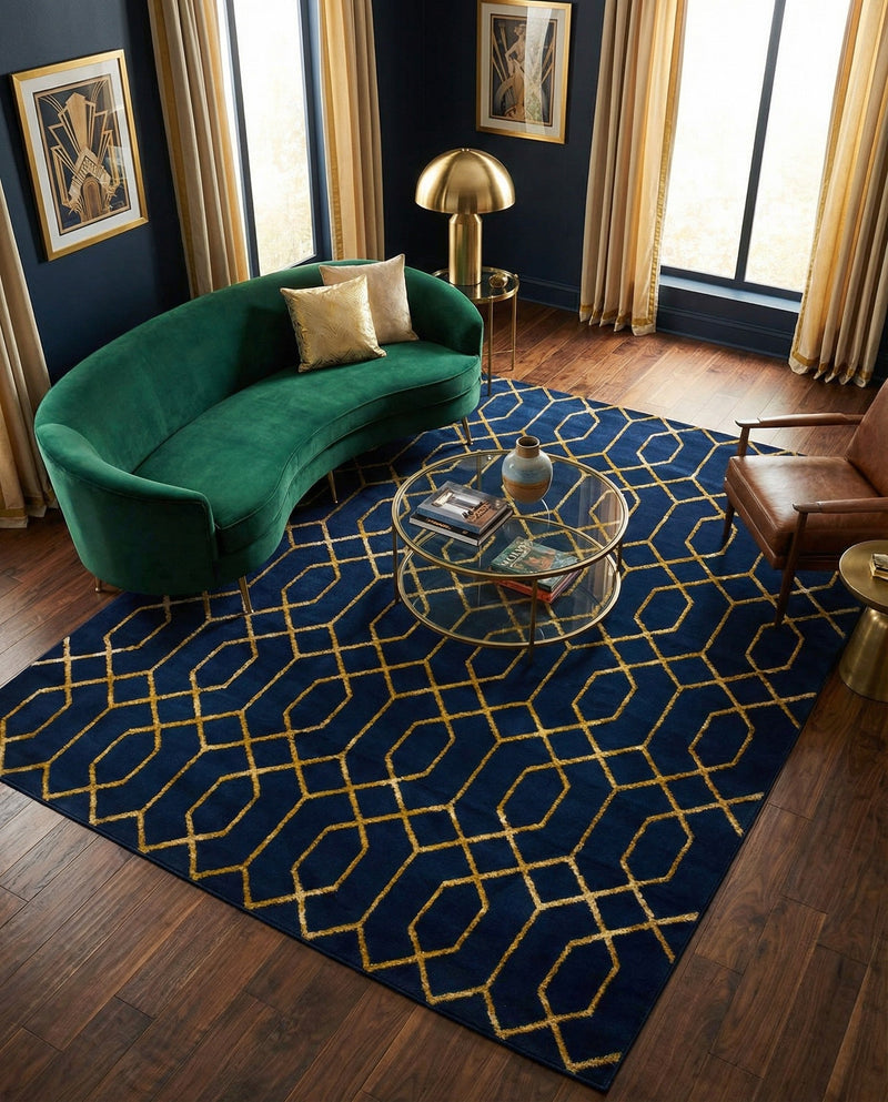 Hollywood Luxe Collection Area Rug - Sunset (Navy Blue Gold) Rectangle Navy Blue Gold  lifestyle 5