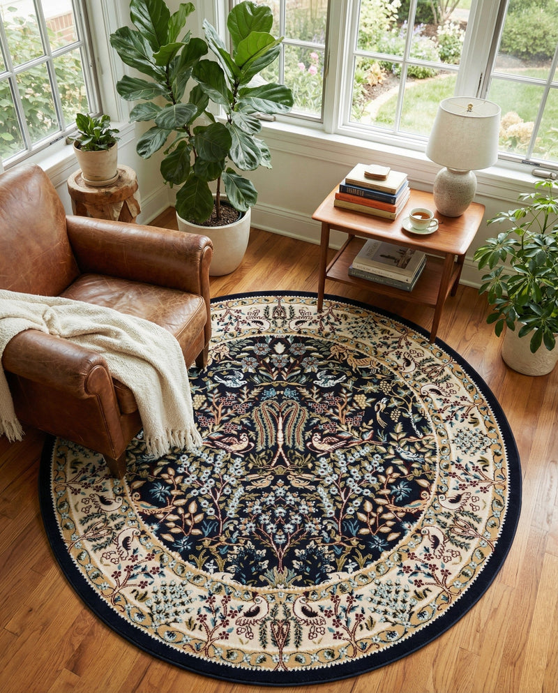 Persian Elegance Collection Area Rug -  Kerman (Navy Blue) Round Navy Blue  lifestyle 40
