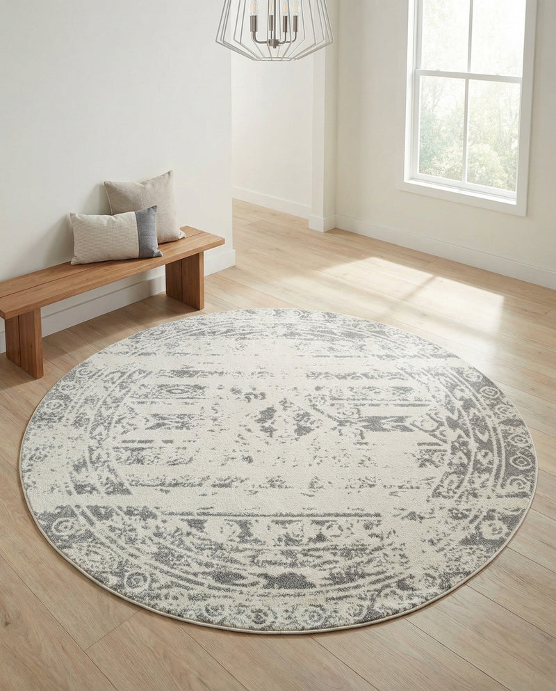 Brighton Stripes Collection Area Rug - Sussex (Ivory and Gray) Round Ivory and Gray  lifestyle 13