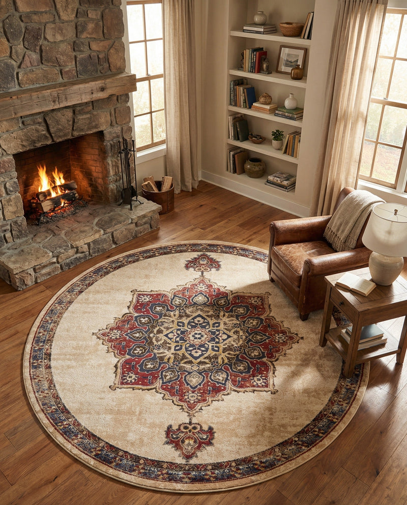 Eden Oasis Collection Area Rug -  Tranquility (Cream) Round Cream  lifestyle 50