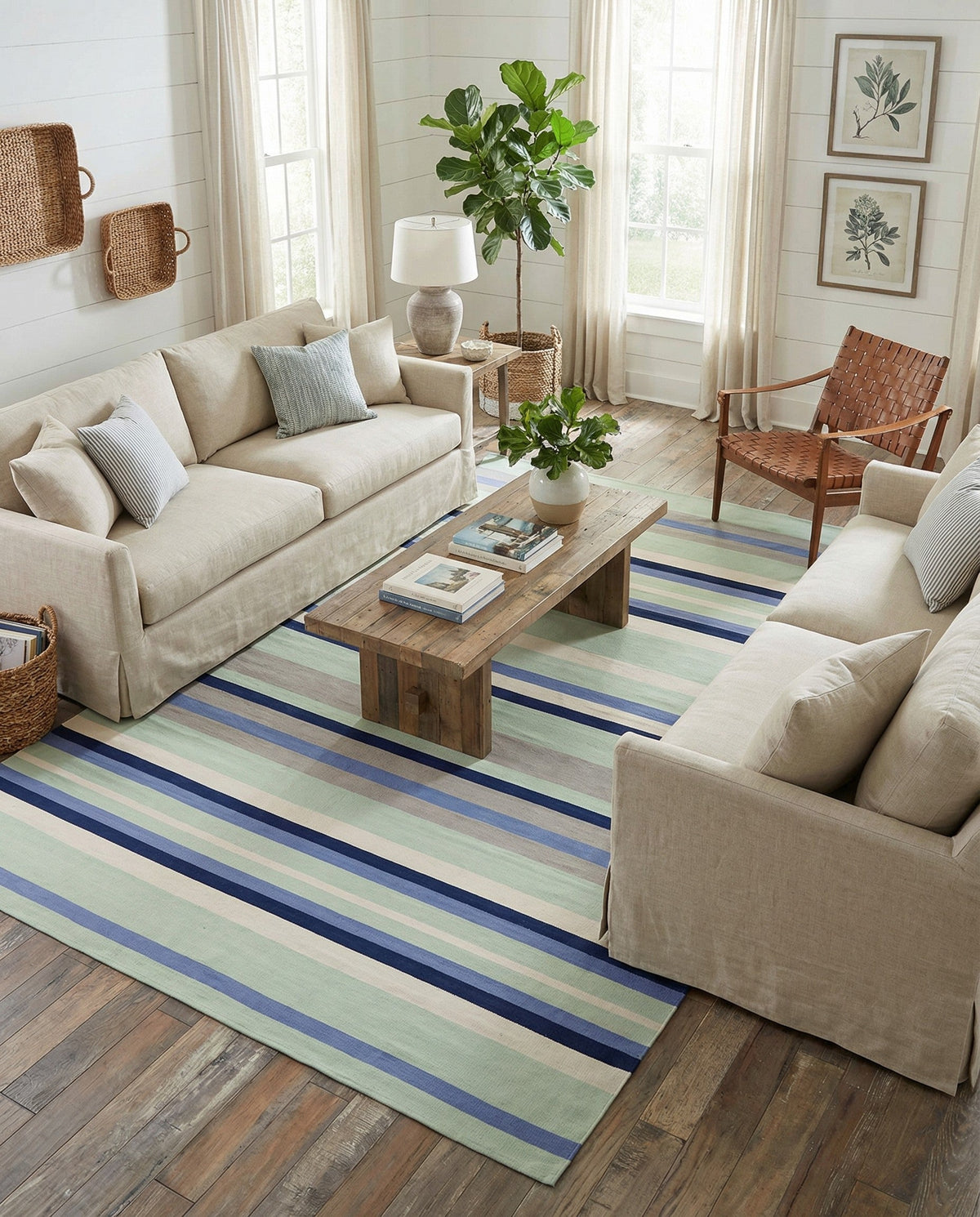 Coastal Stripe Dhurrie Collection Area Rug - Seashore Rectangle Aqua Blue and Gray  lifestyle 14