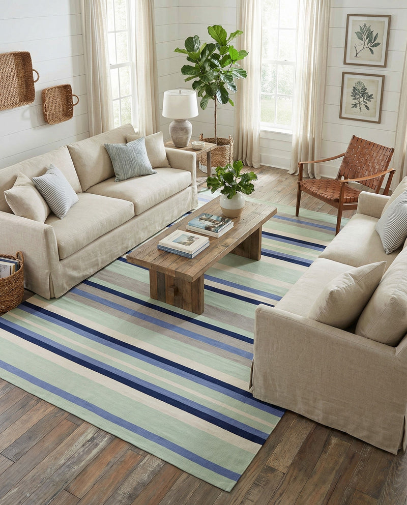 Coastal Stripe Dhurrie Collection Area Rug - Seashore Rectangle Aqua Blue and Gray  lifestyle 14