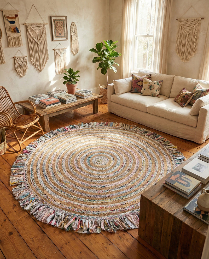 Osian Looms Collection Area Rug - Kathmandu Round Multi White  lifestyle 30