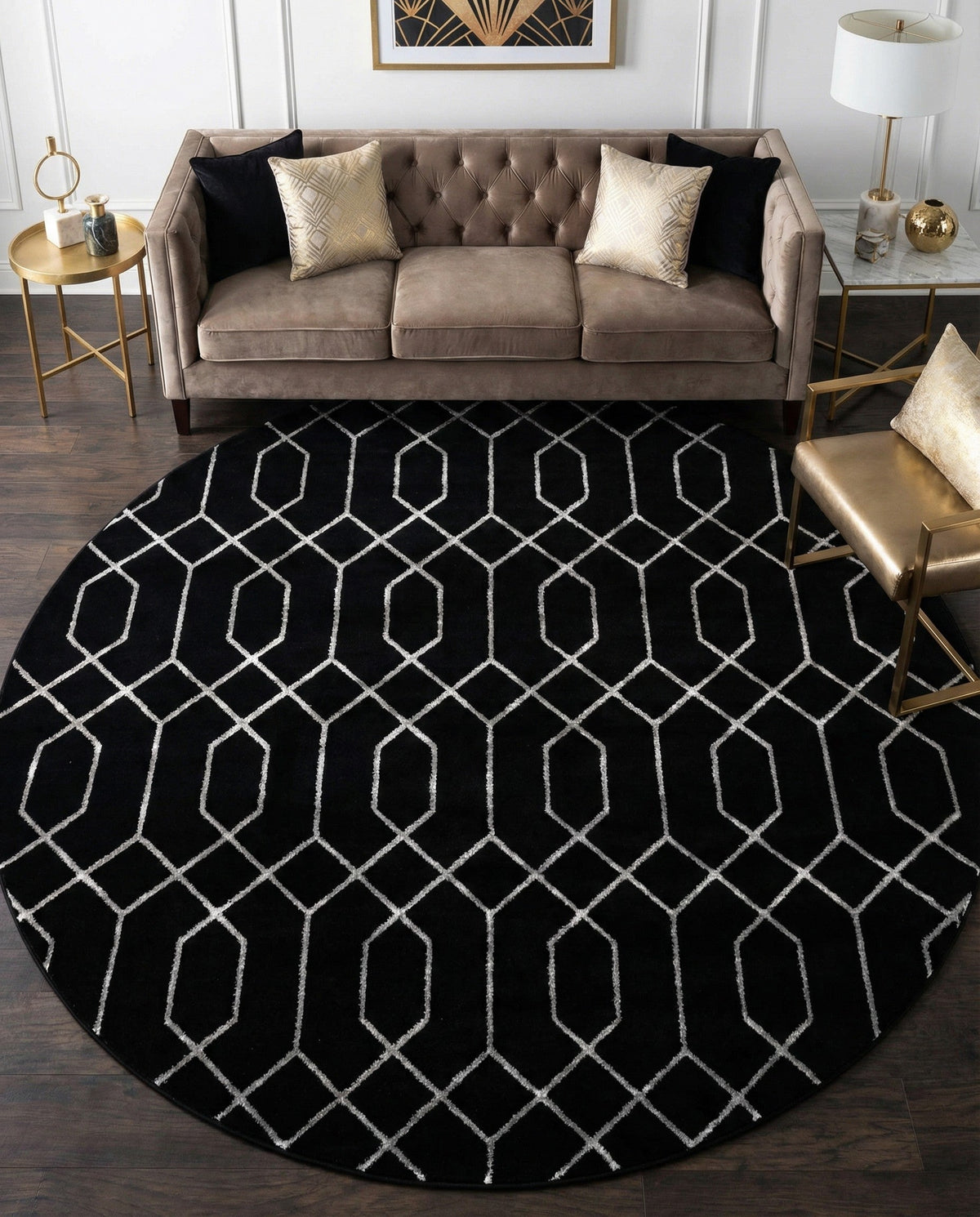 Hollywood Luxe Collection Area Rug - Sunset Round Black and Silver  lifestyle 233