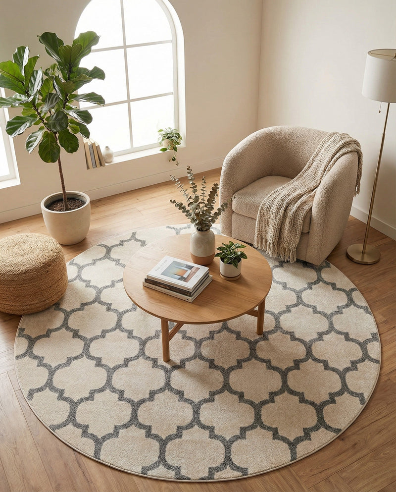 Lattice Gardens Collection Area Rug -  Bloomfield (Beige and Gray) Round Beige and Gray  lifestyle 61
