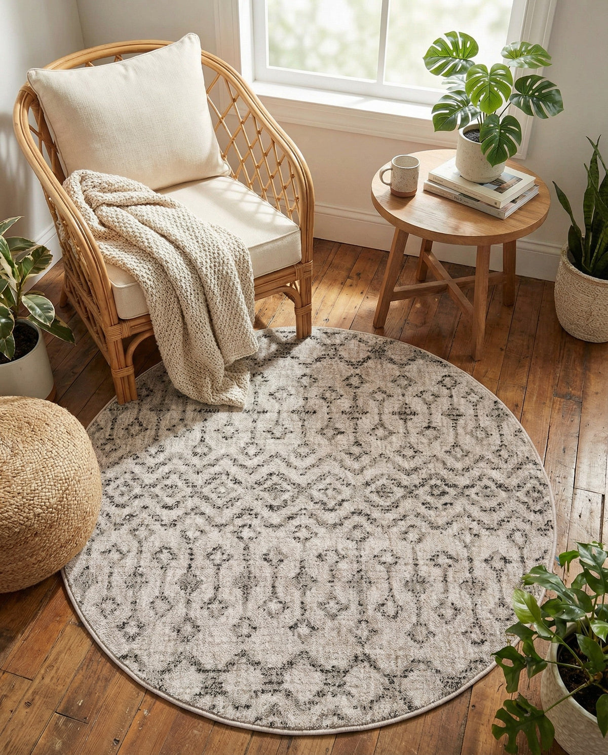 Geo Garden Lattice Collection Area Rug -  Andalusia Round Ivory  lifestyle 215
