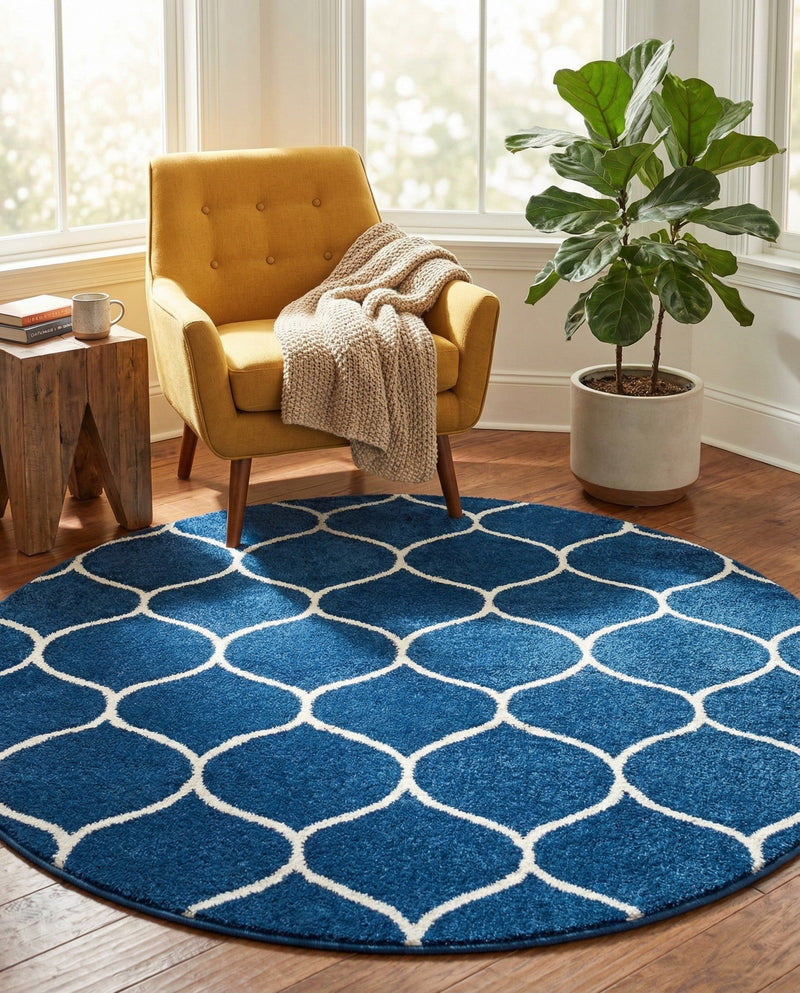 Trellis Mosaic Collection Area Rug -  Pergolatown (Navy Blue) Round Navy Blue  lifestyle 87
