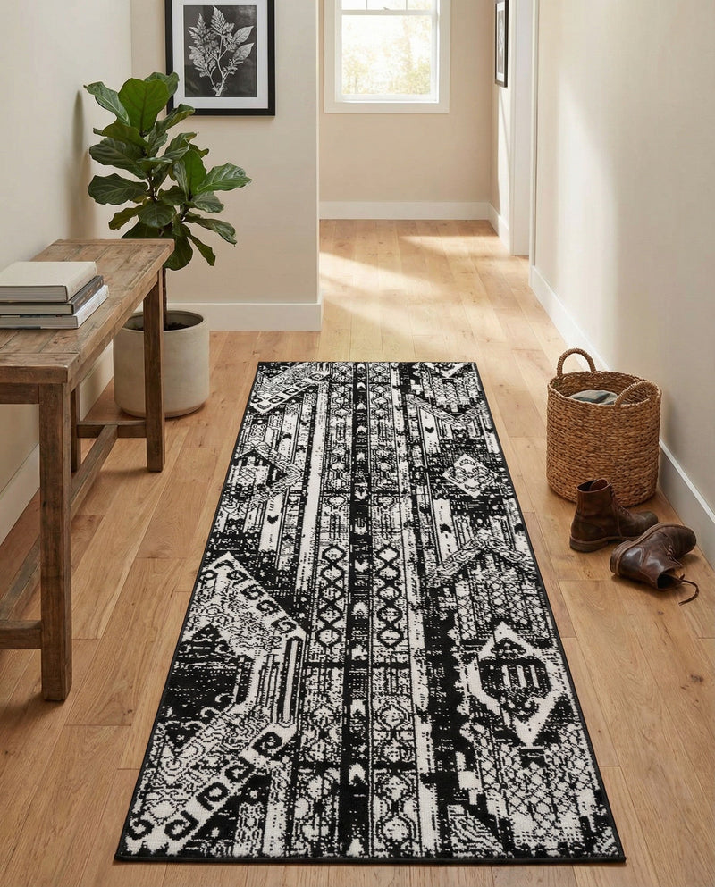 Cascade Range Collection Area Rug - Hood (Black and White) Runner Black and White  lifestyle 34
