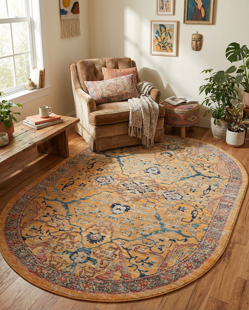 Seville Stripes Collection Area Rug -  Malaga (Yellow) Oval Yellow  lifestyle 80