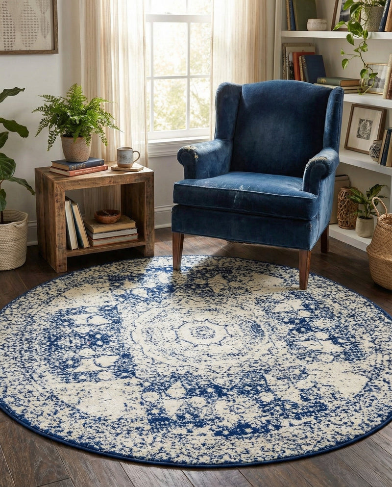 Dover Terrace Collection Area Rug -  Lagoon (Ivory and Blue) Round Ivory and Blue  lifestyle 40