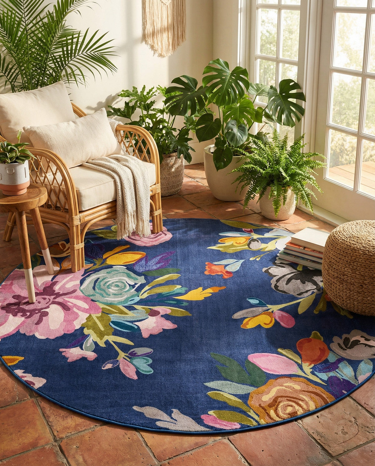 Meadow Breeze Collection Area Rug - Wildflower Round Blue  lifestyle 152