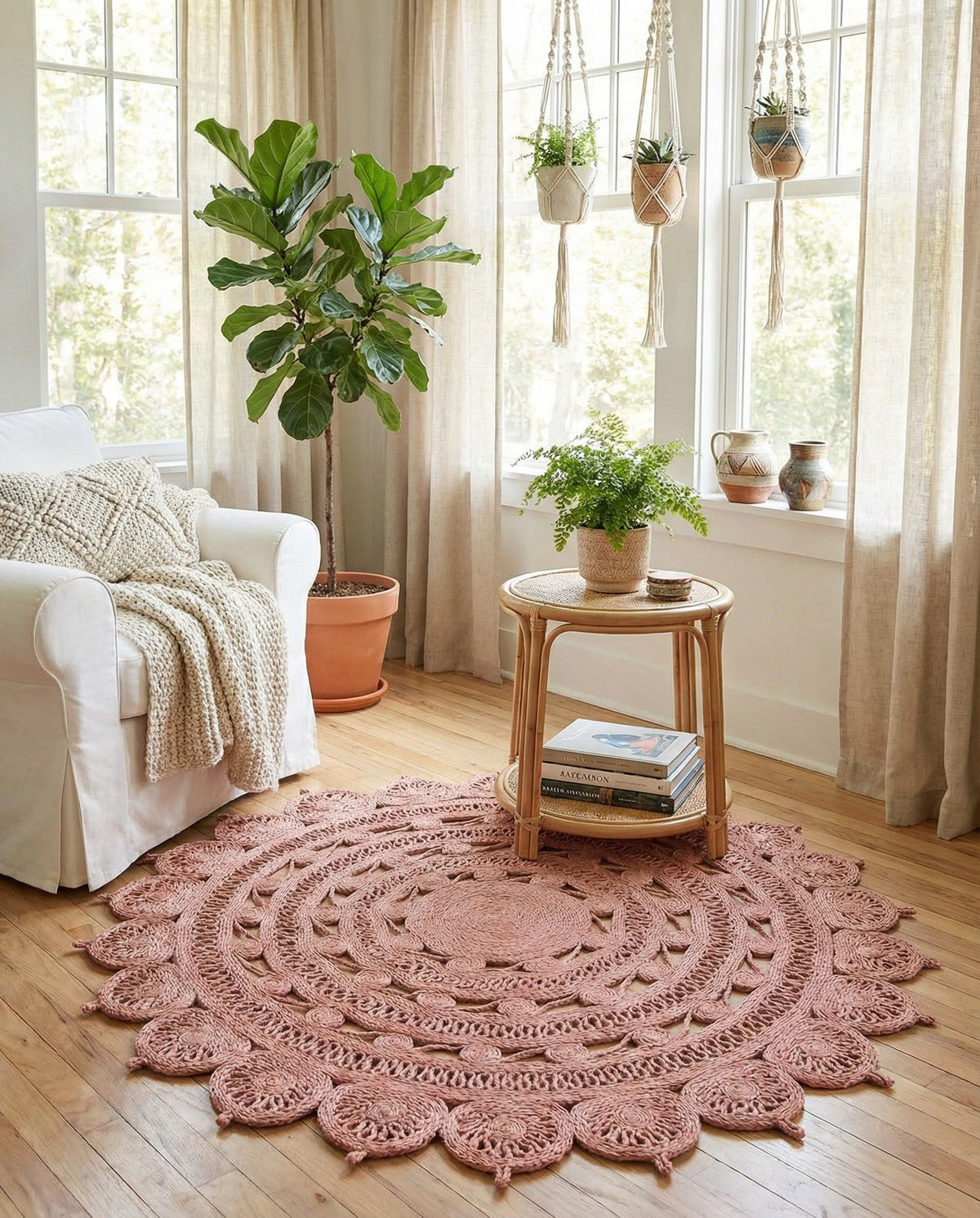 Woven Seaside Jute Collection Area Rug - Coastalhaven (Pink) Round Pink  lifestyle 27