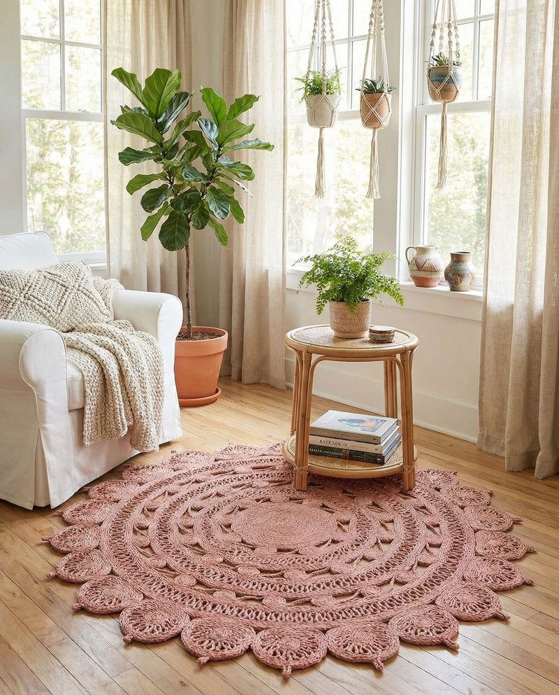 Woven Seaside Jute Collection Area Rug - Coastalhaven (Pink) Round Pink  lifestyle 27
