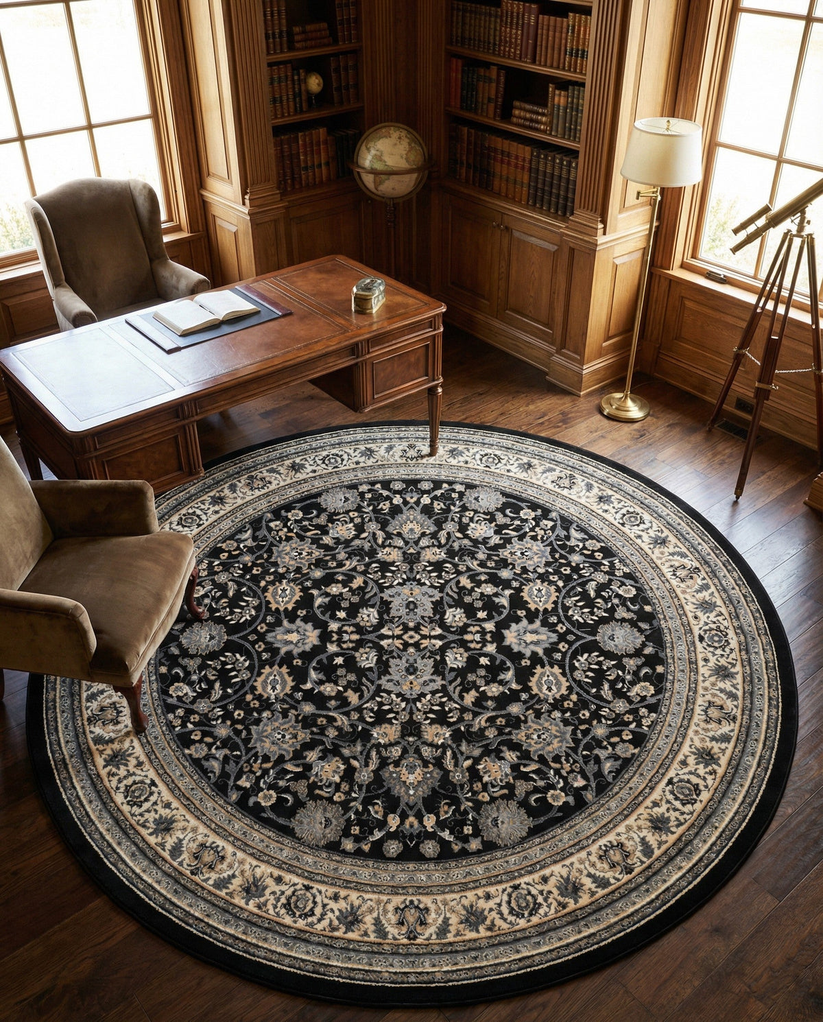 Isfahan Elegance Collection Area Rug - Naghsh-e Jahan (Black) Round Black  lifestyle 118
