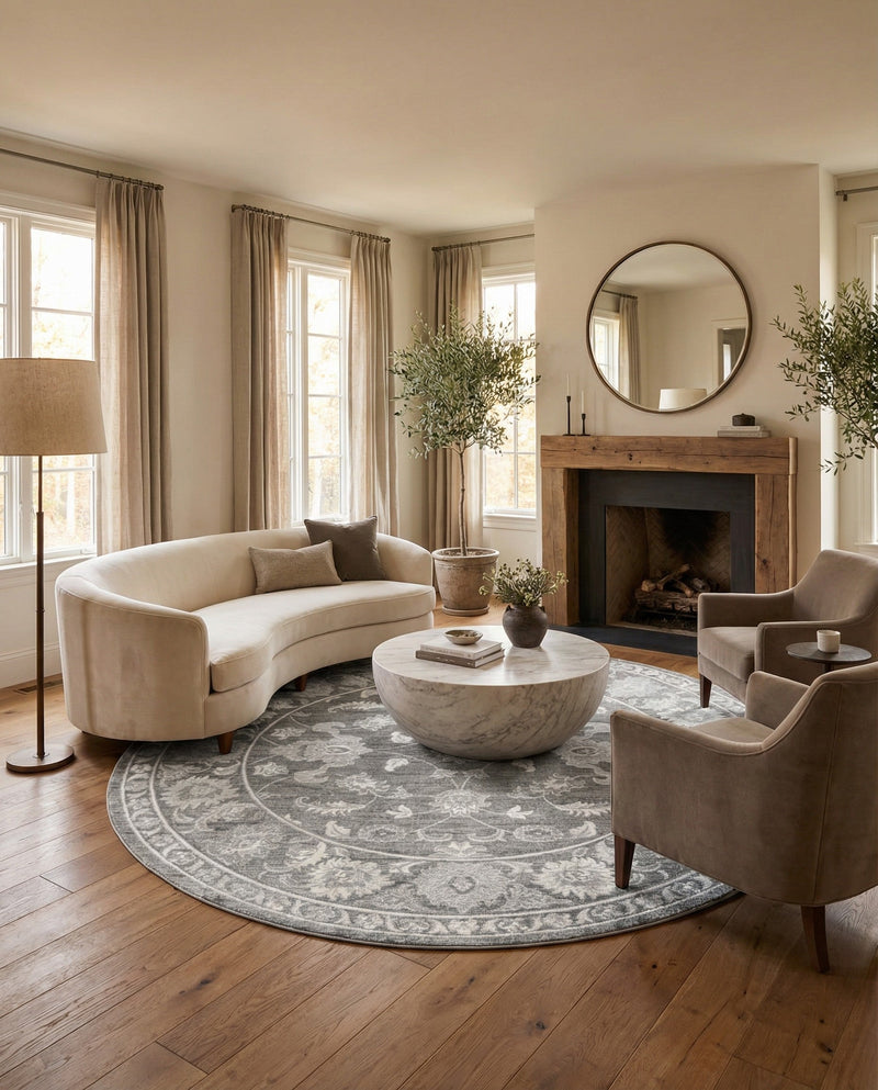 Charleston Elegance Collection Area Rug -  Seaport (Gray) Round Gray  lifestyle 47