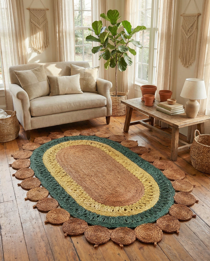 Woven Seaside Jute Collection Area Rug - Coastalhaven (Orange Green Yellow) Oval Orange Green Yellow  lifestyle 18