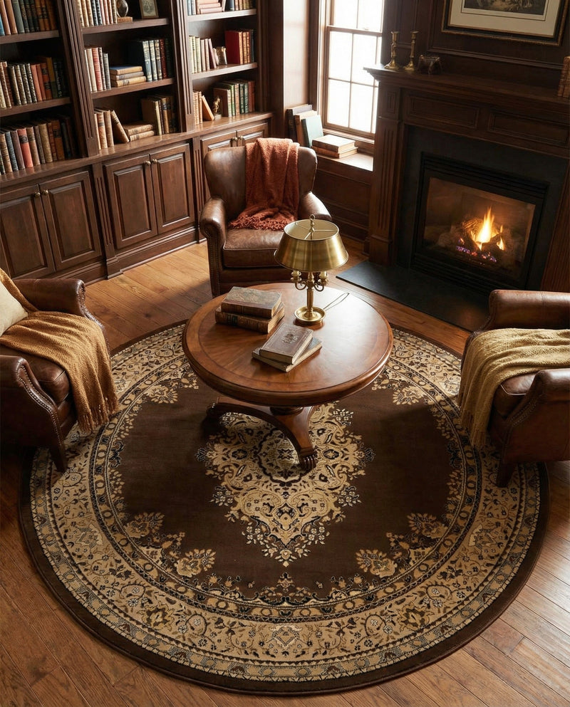 Tabriz Tapestry Collection Area Rug - Azerbaijan (Brown) Round Brown  lifestyle 30