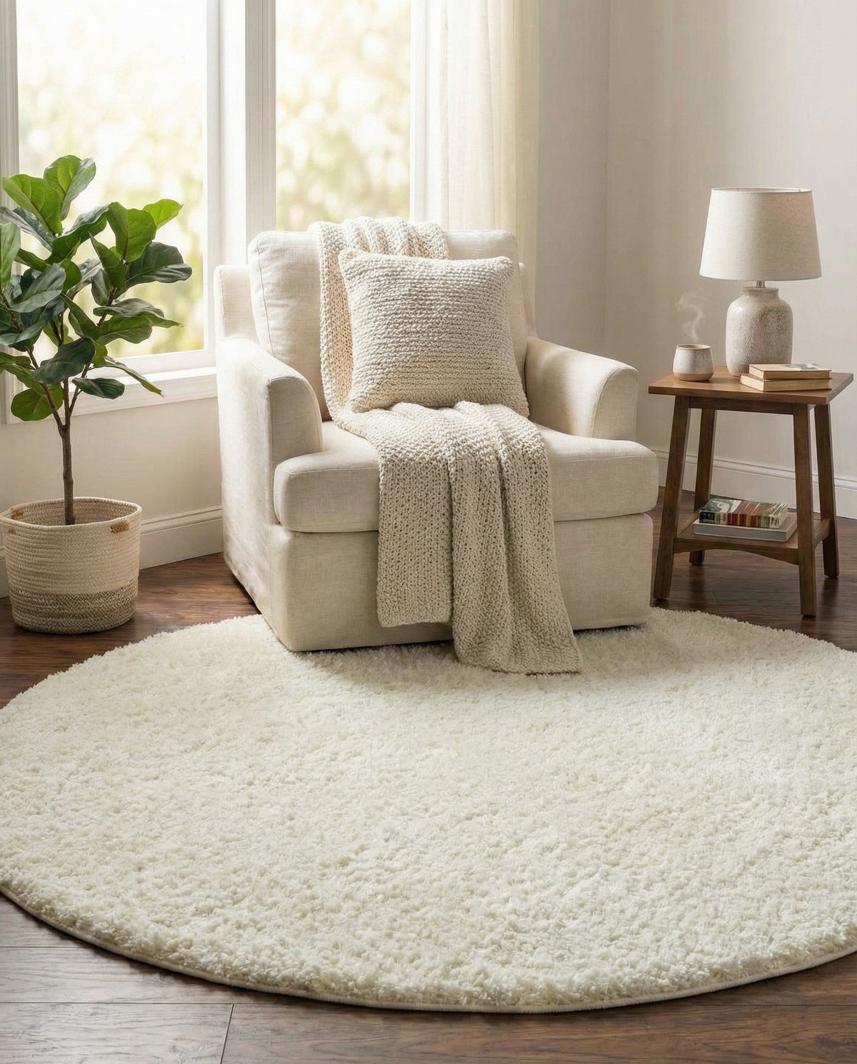 Cozy Comfort Shag Collection Area Rug - Haven (White) Round White  lifestyle 86