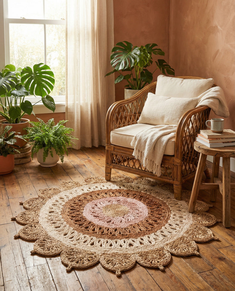 Woven Seaside Jute Collection Area Rug - Coastalhaven (Natural White Orange Pink) Round Natural White Orange Pink  lifestyle 24