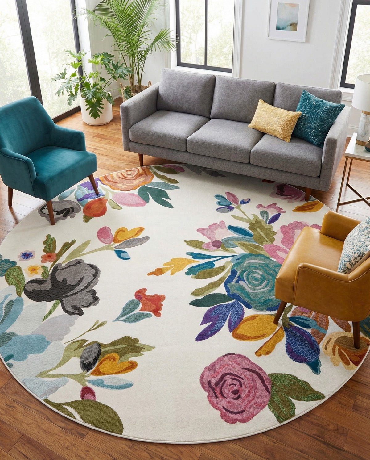 Meadow Breeze Collection Area Rug - Wildflower Round Ivory  lifestyle 150