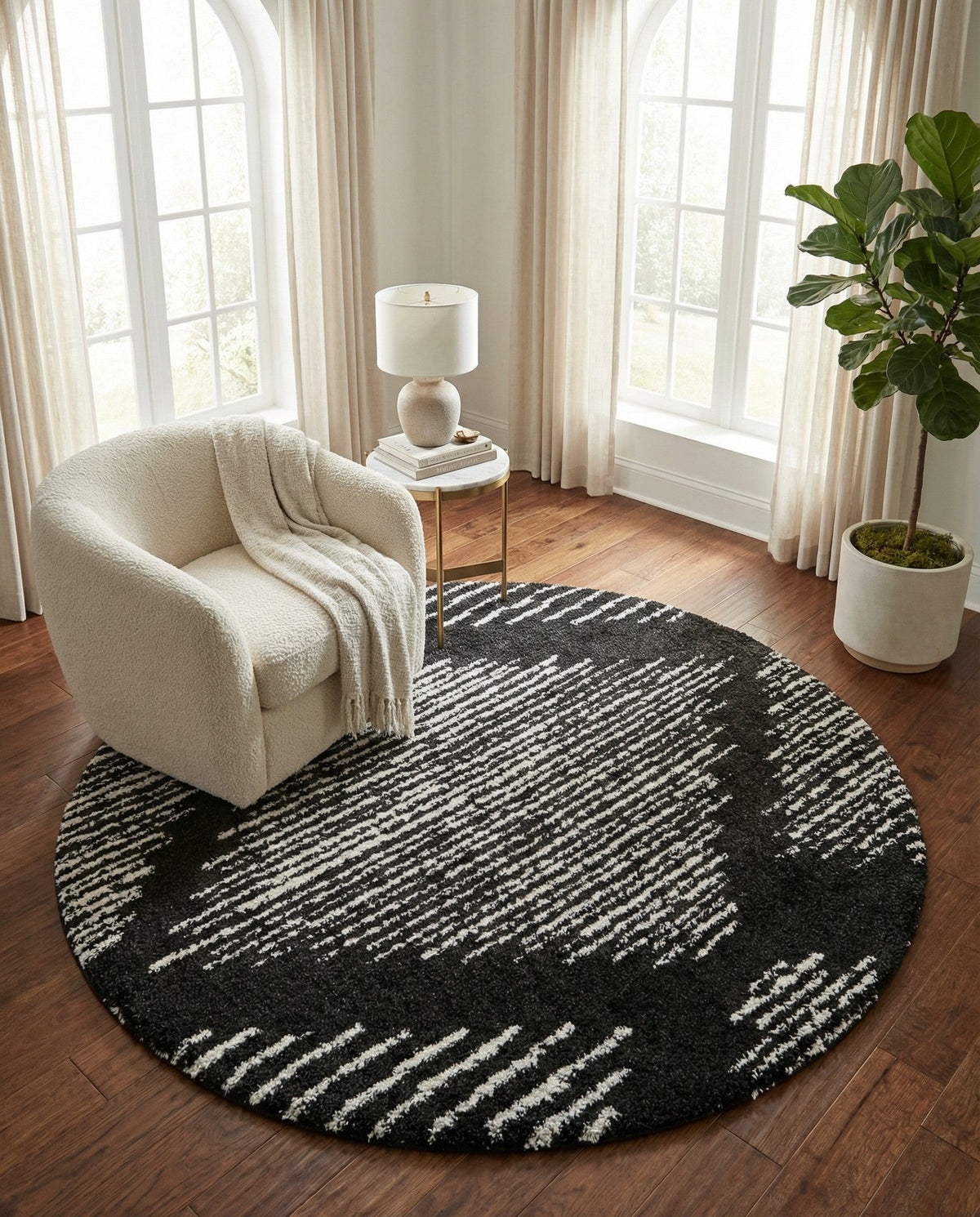 Tranquil Tides Shag Collection Area Rug -  Azure Round Black and White  lifestyle 168