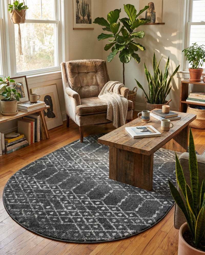 Marrakesh Lattice Collection Area Rug - Casablanca (Charcoal Gray) Oval Charcoal Gray  lifestyle 39