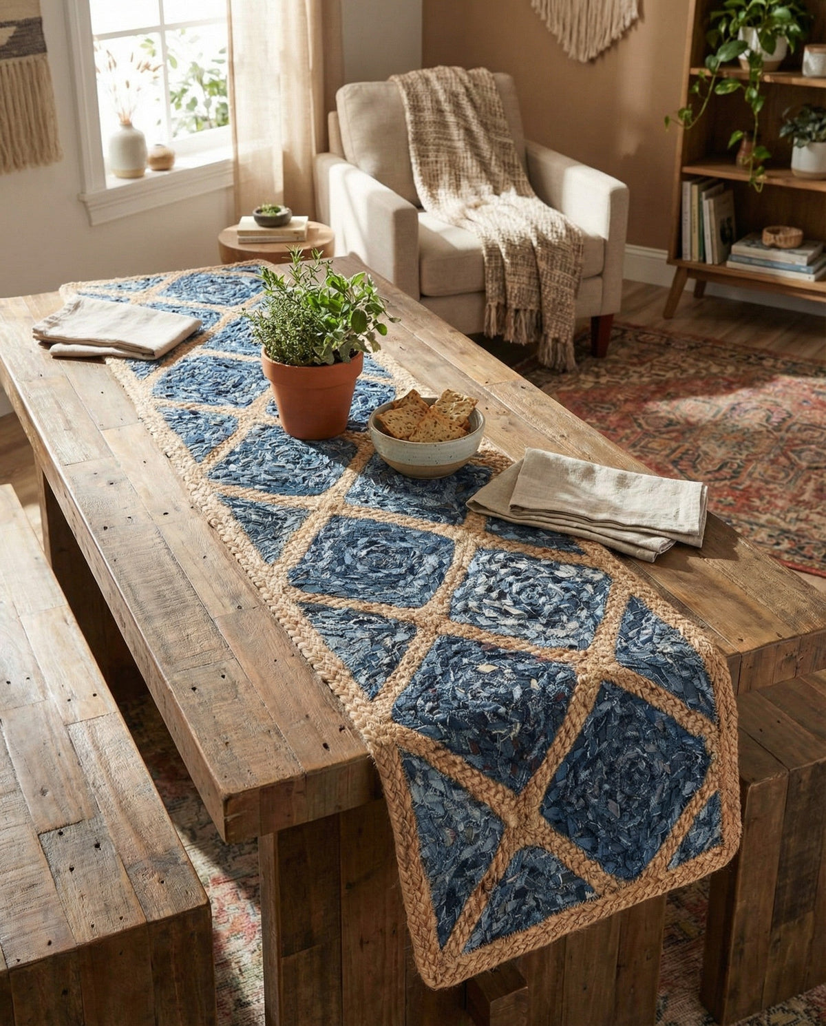 Woven Seaside Jute Collection Area Rug - Marina Table Runner Blue  lifestyle 123