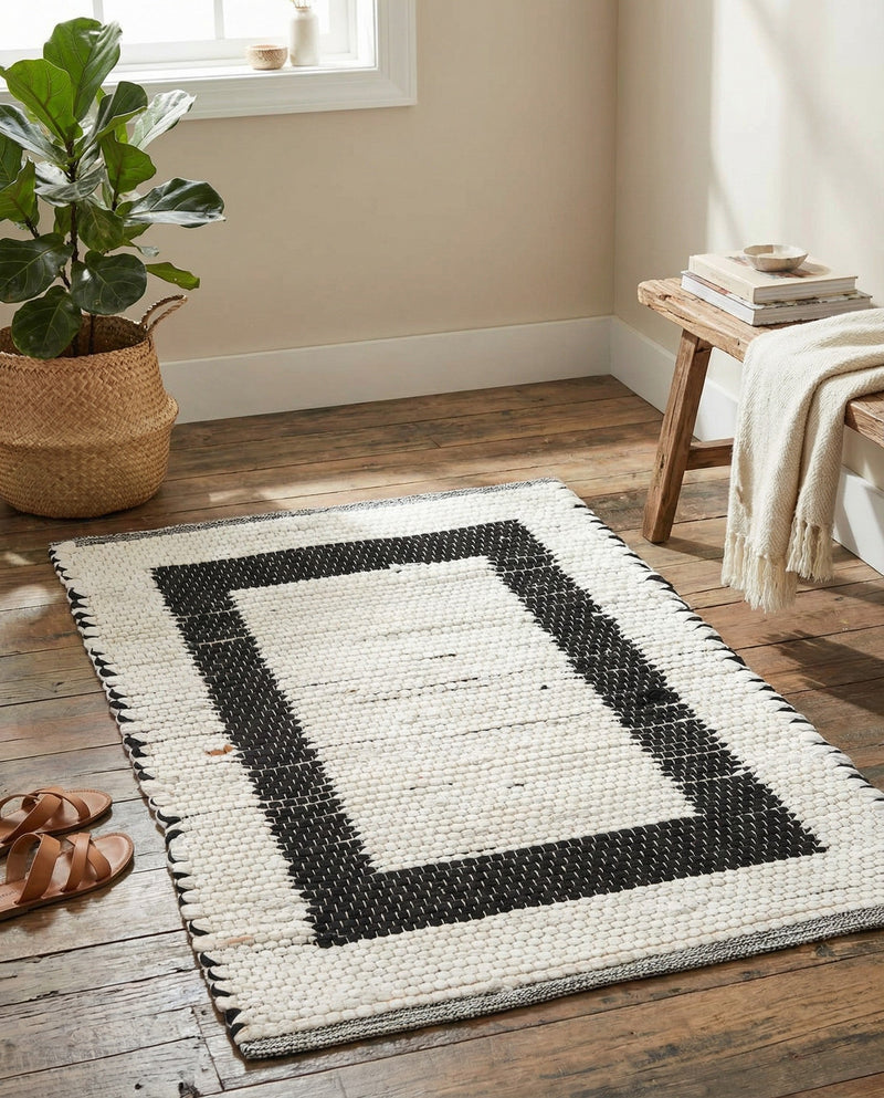 Osian Looms Collection Area Rug - Durham Rectangle White and Black  lifestyle 69