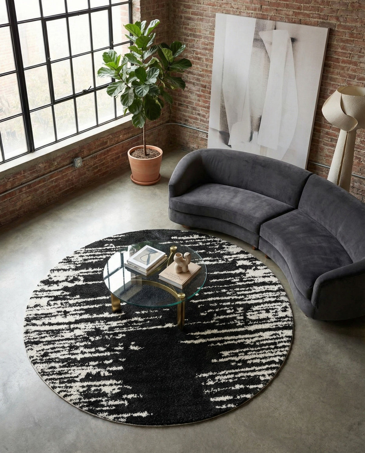 Tranquil Tides Shag Collection Area Rug - Marina Round Black and White  lifestyle 175