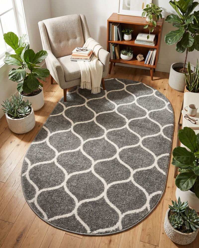 Trellis Mosaic Collection Area Rug -  Pergolatown (Dark Gray) Oval Dark Gray  lifestyle 77