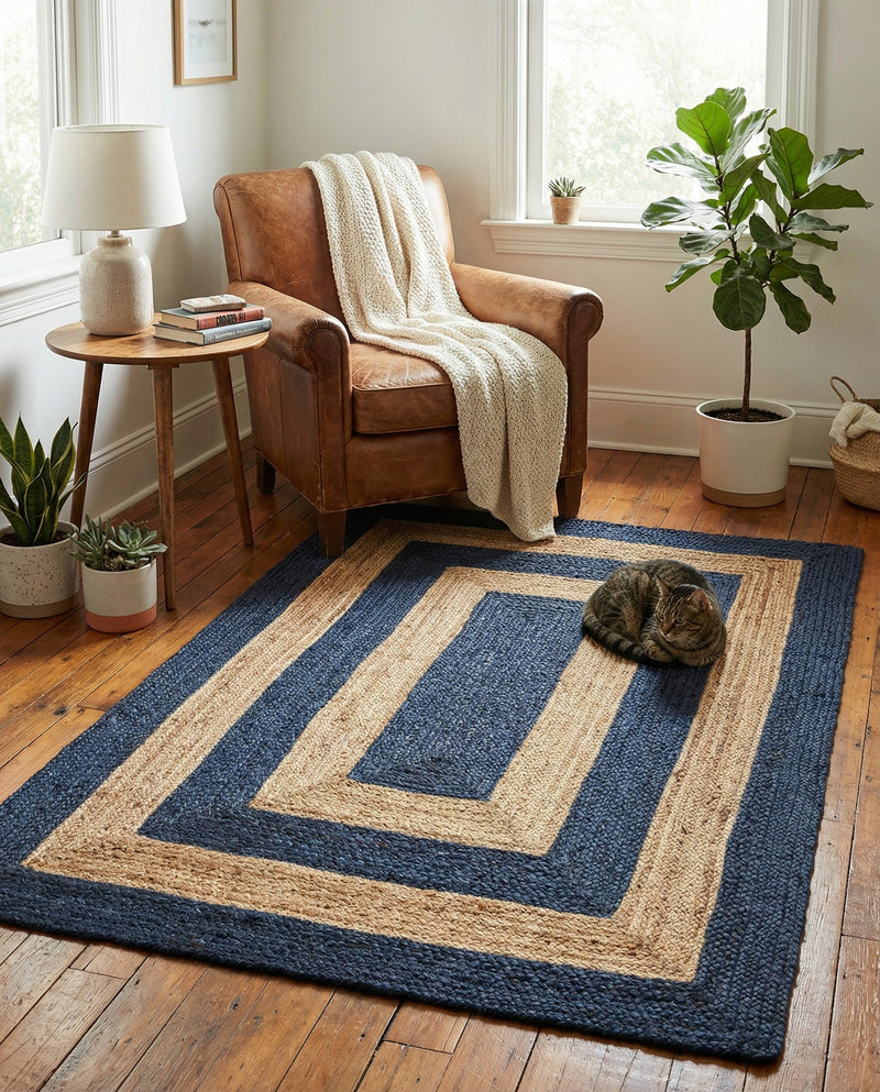 Woven Seaside Jute Collection Area Rug - Nautilus Rectangle Navy Blue Natural  lifestyle 14