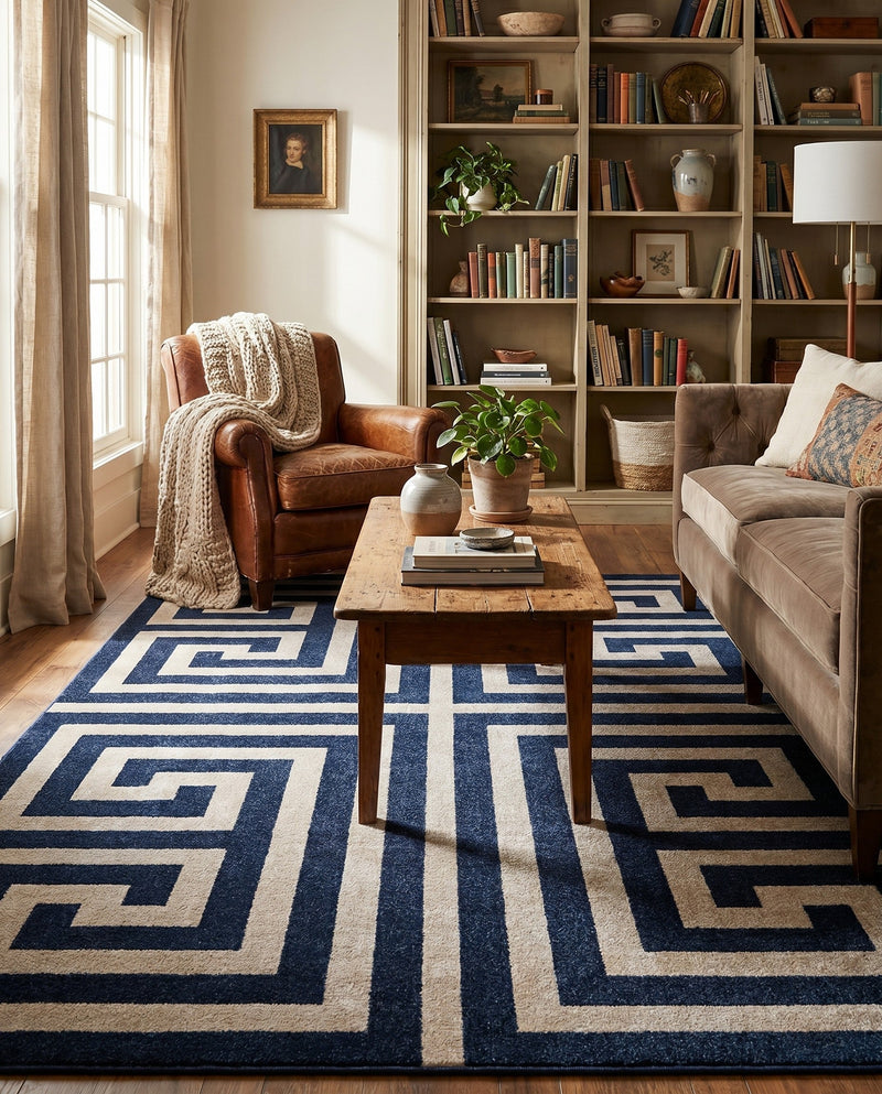 Aegean Labyrinth Collection Area Rug -  Mykonos Rectangle Navy Blue  lifestyle 14