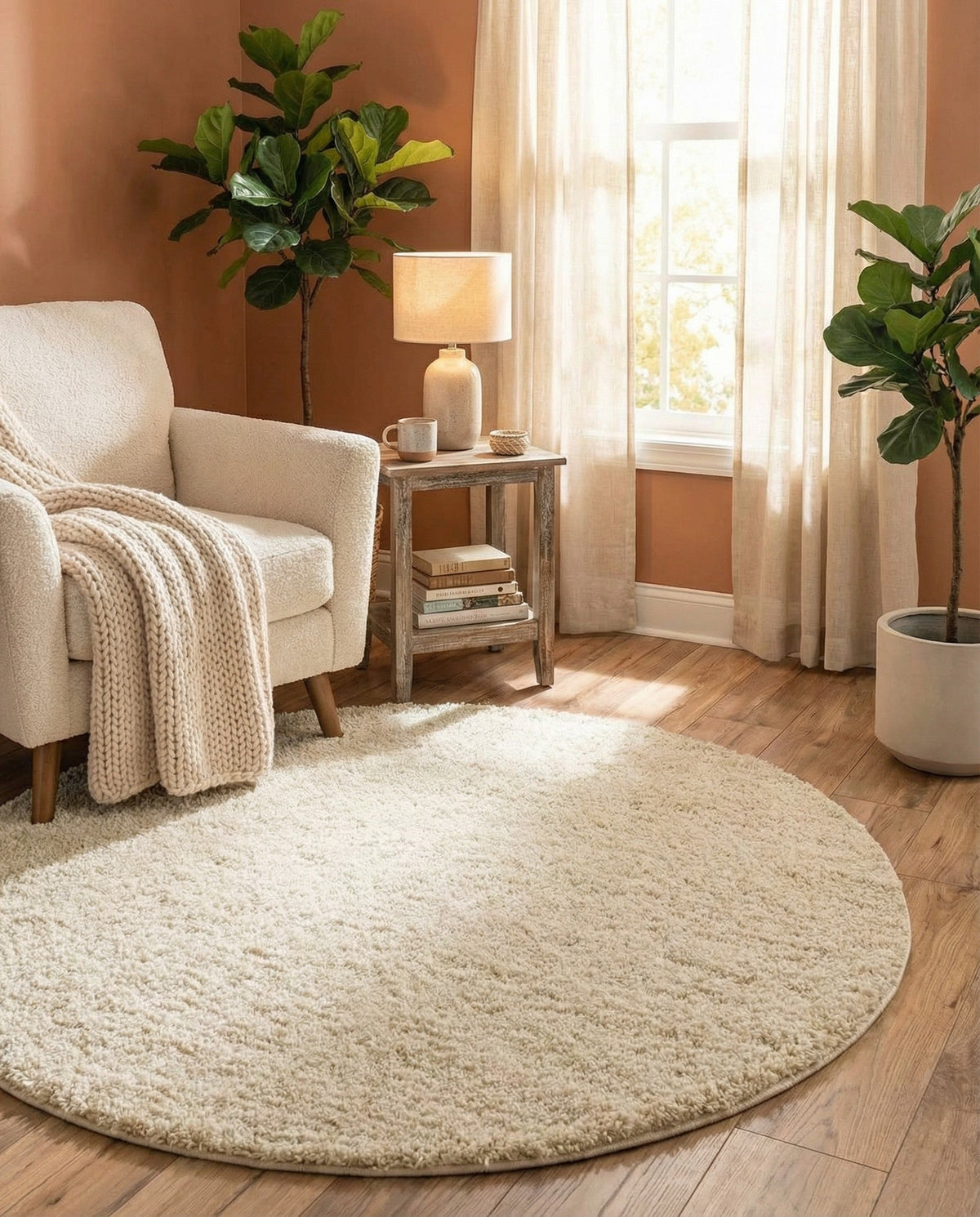 Cozy Comfort Shag Collection Area Rug - Haven (Oatmeal Beige) Round Oatmeal Beige  lifestyle 86
