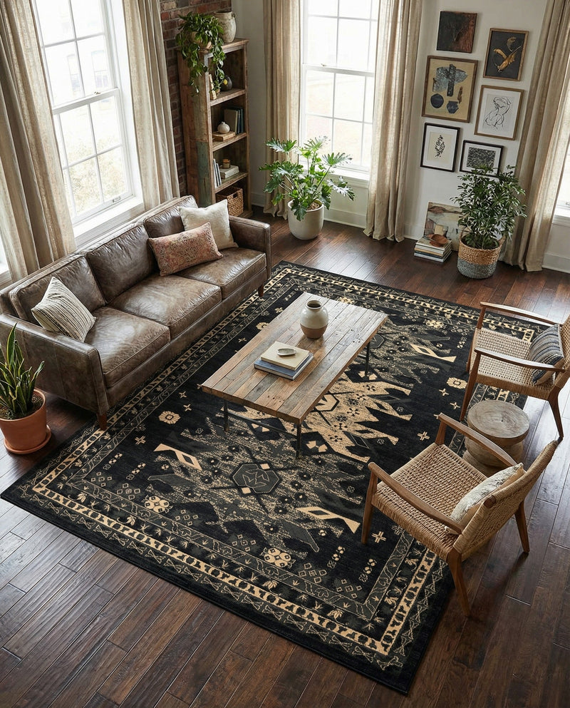 Tabriz Tapestries Collection Area Rug - Azerbaijan (Black) Rectangle Black  lifestyle 23