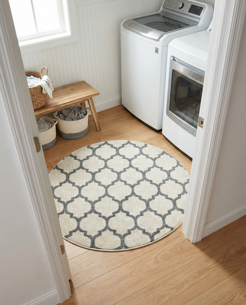 Lattice Gardens Collection Area Rug -  Bloomfield (Beige and Gray) Round Beige and Gray  lifestyle 40