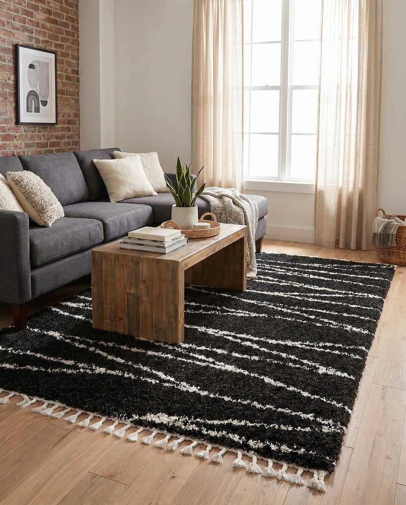 Tranquil Tides Shag Collection Area Rug -  Frost Rectangle Black and White  lifestyle 40