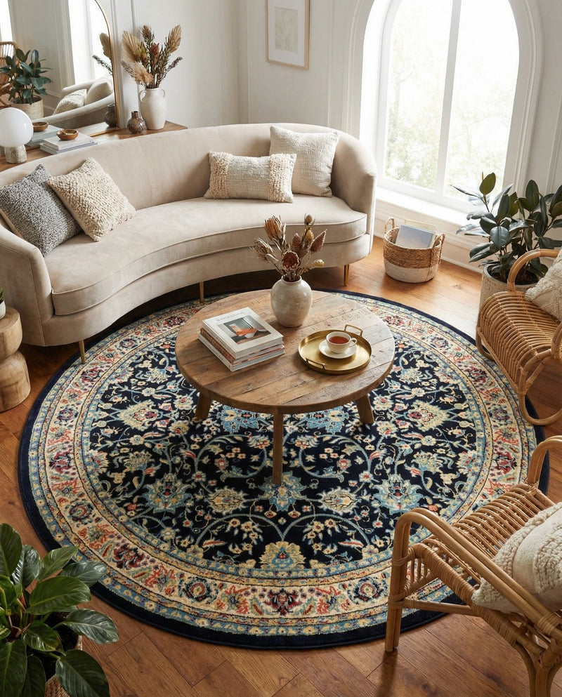 Isfahan Elegance Collection Area Rug - Naghsh-e Jahan (Navy Blue) Round Navy Blue  lifestyle 76