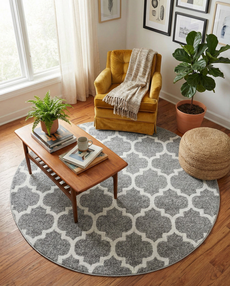 Lattice Gardens Collection Area Rug -  Bloomfield (Dark Gray) Round Dark Gray  lifestyle 69
